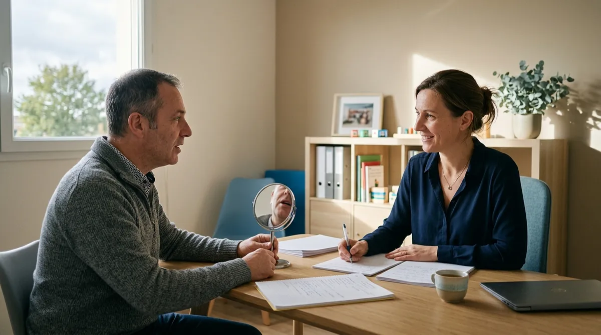 Orthophoniste réalisant un bilan avec un patient adulte au cabinet